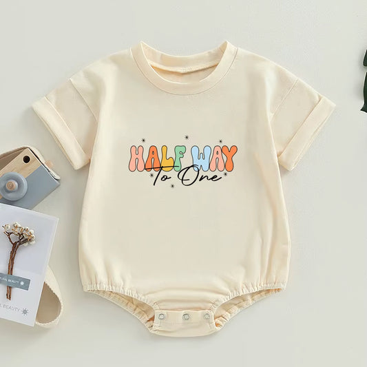 Half Birthday Outfit Baby Boys Girls 1/2 Way to One Bubble Romper Summer Short Sleeve Toddler Baby Oversized T-Shirt Romper