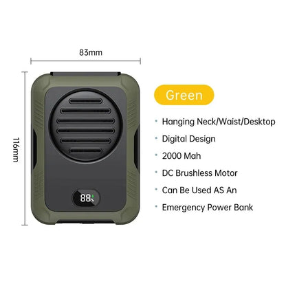 Outdoor Waist Mounted Fan Polymer Battery Anti Drop Shock Absorption USB Portable Power Bank with Bladeless Hanging Neck Fan