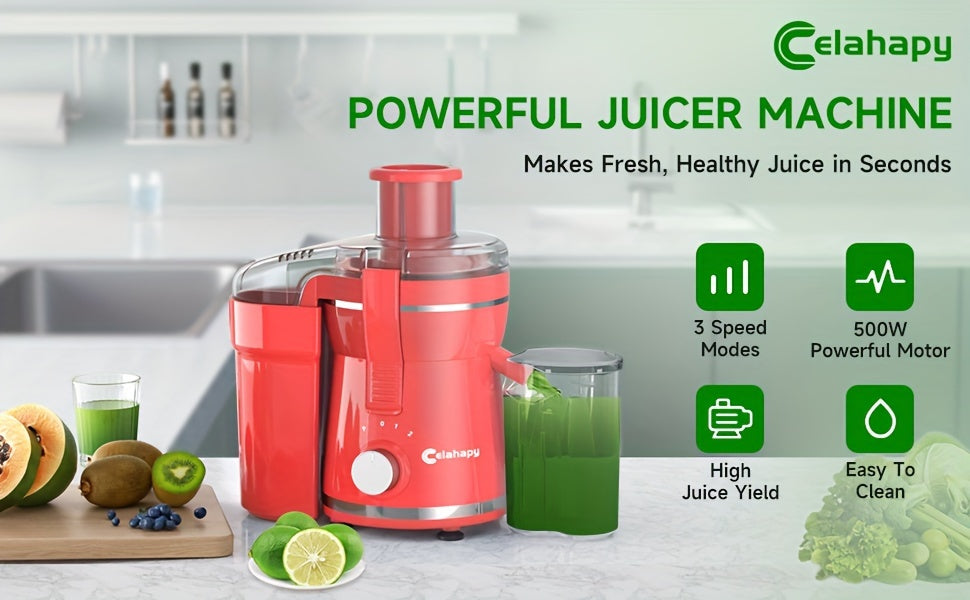 500W High-Power Centrifugal Juicer with Wide Mouth Feed Chute - Easy Fruit & Vegetable Extraction, Dishwasher Safe Stainless Steel, Space-Saving Design, Includes Glass Pitcher & Measuring Cups, Perfect for Healthy Living